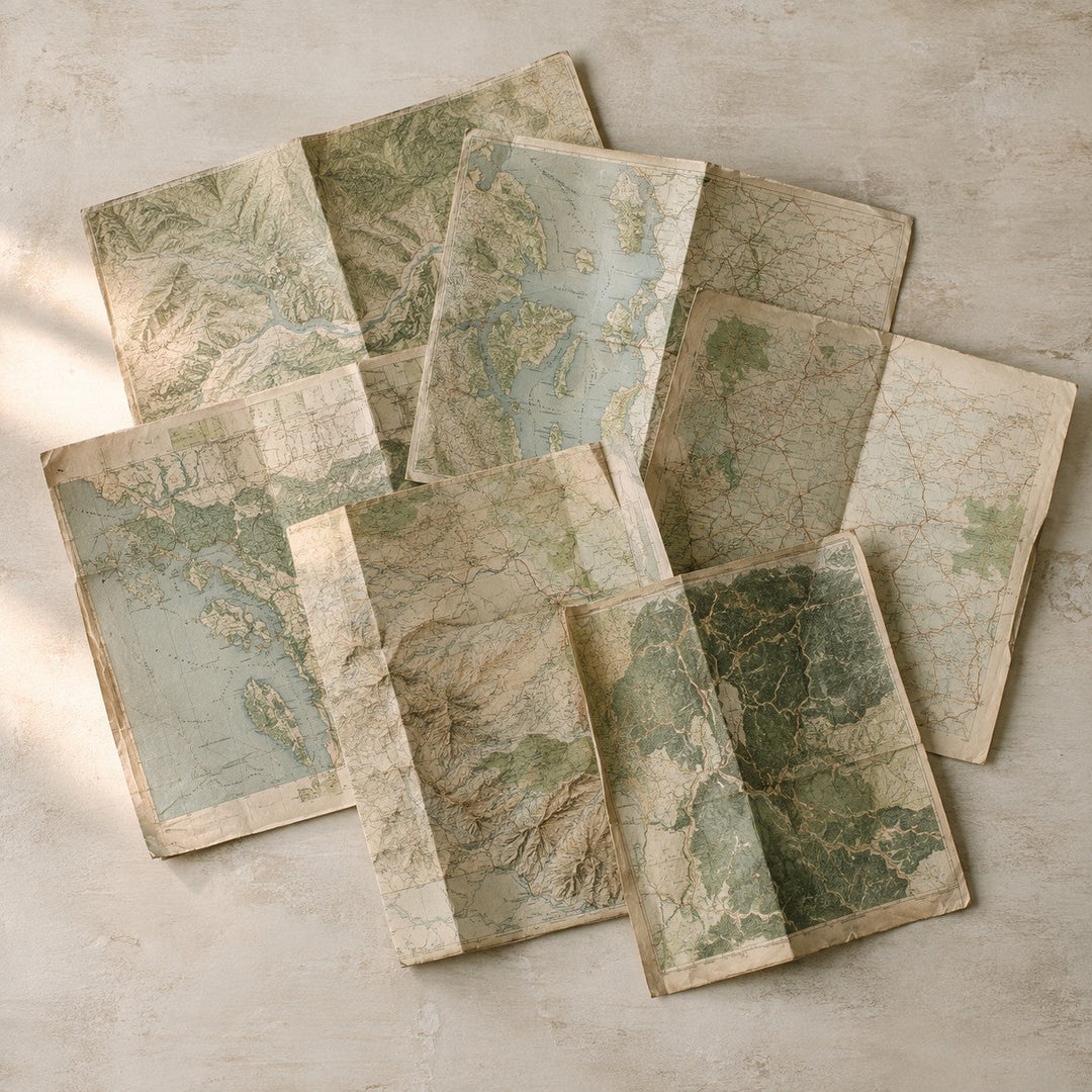 Several folded paper maps overlapping in a loose pile on a pale plaster surface