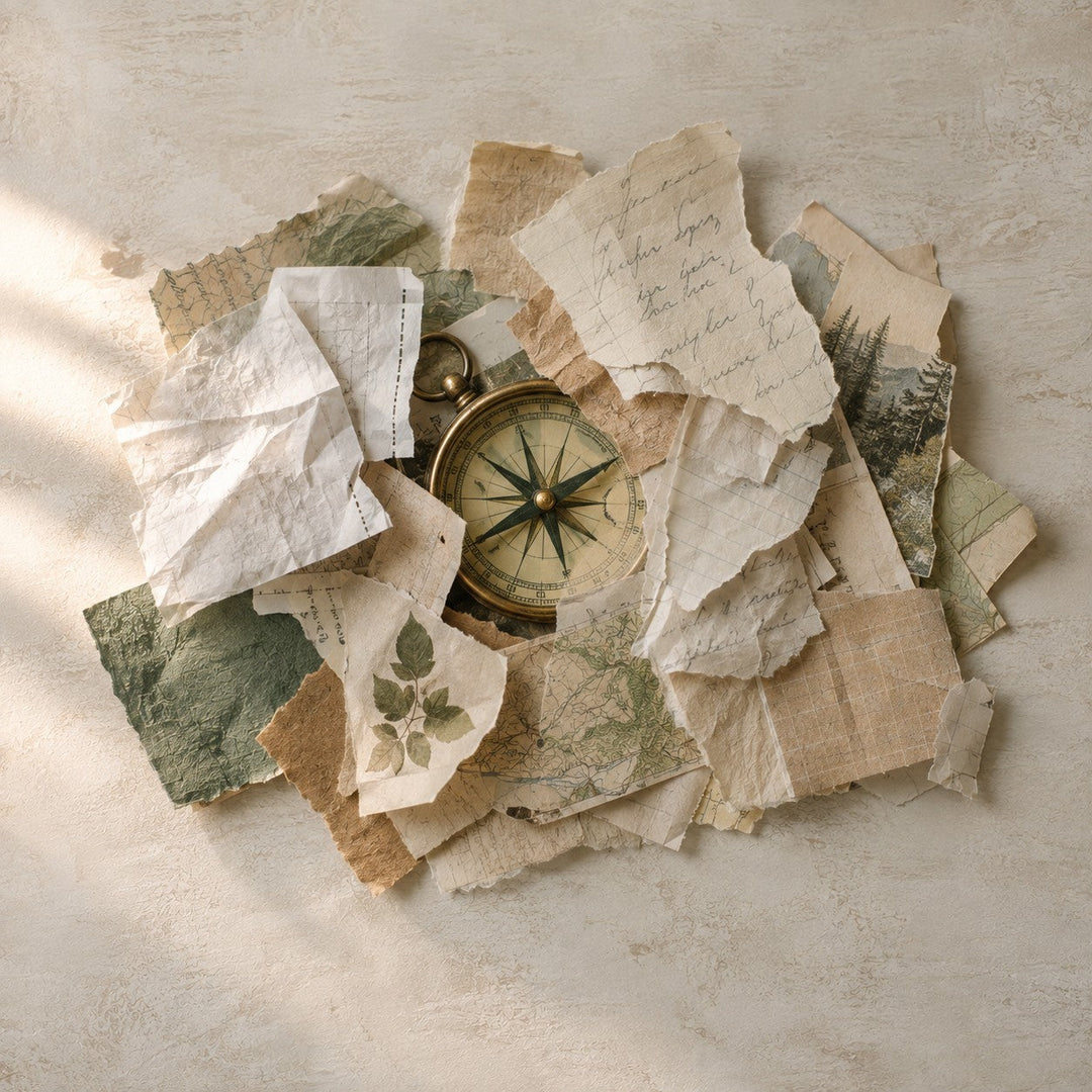 A brass compass almost buried under a pile of torn paper scraps and map fragments