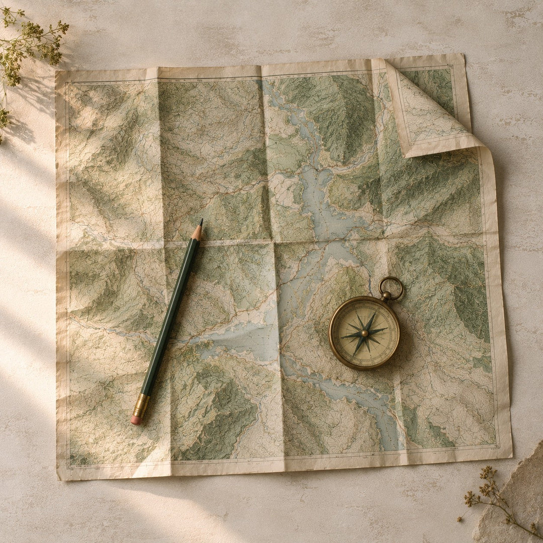 A folded topographic map opened flat with a green pencil and a brass compass resting on it