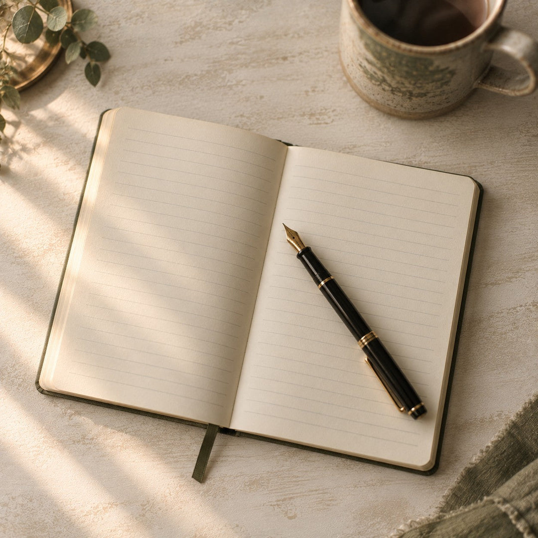 An open lined notebook with a fountain pen resting on the page, a mug of coffee nearby in morning light