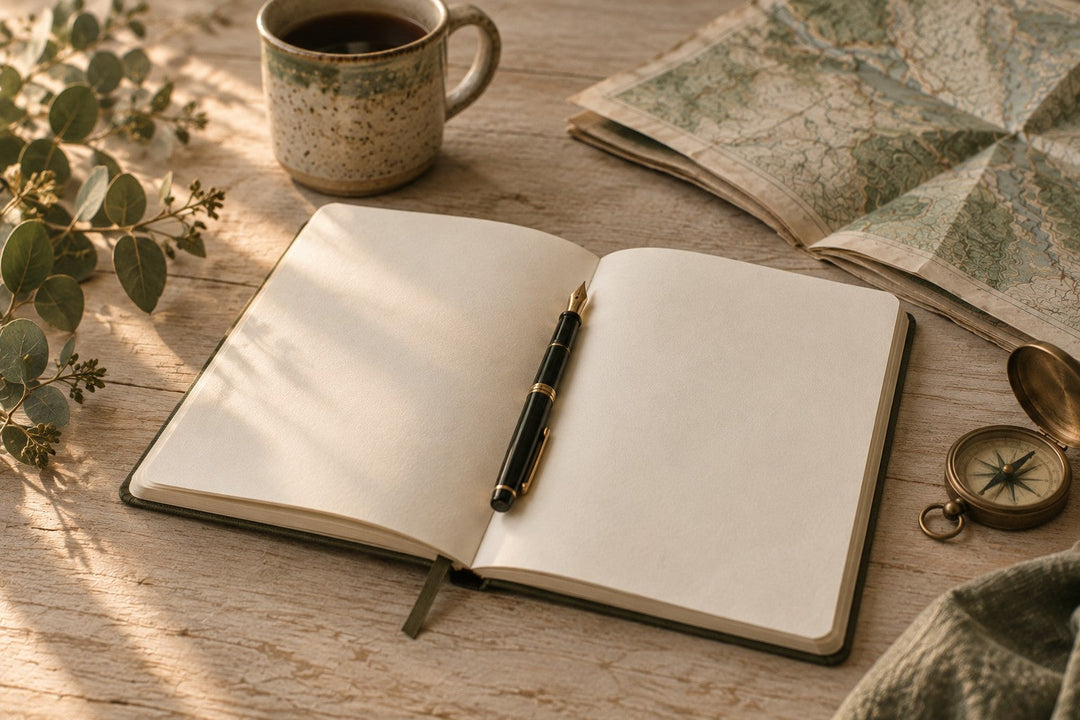 An open blank notebook on a washed oak table with a fountain pen, a mug of coffee, a folded map and a brass compass