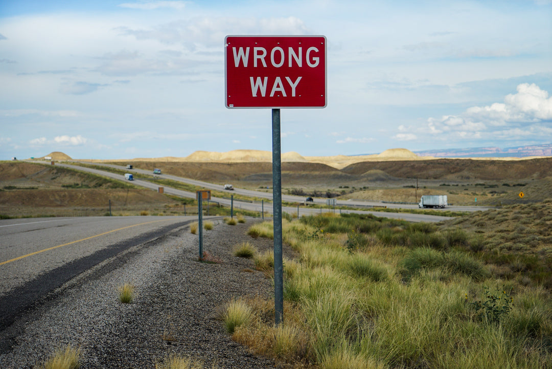 A wrong way sign beside an empty highway running through open country