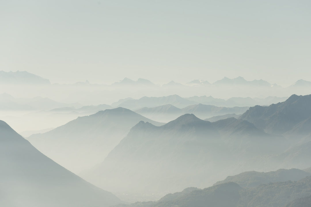 Layers of misty blue mountains