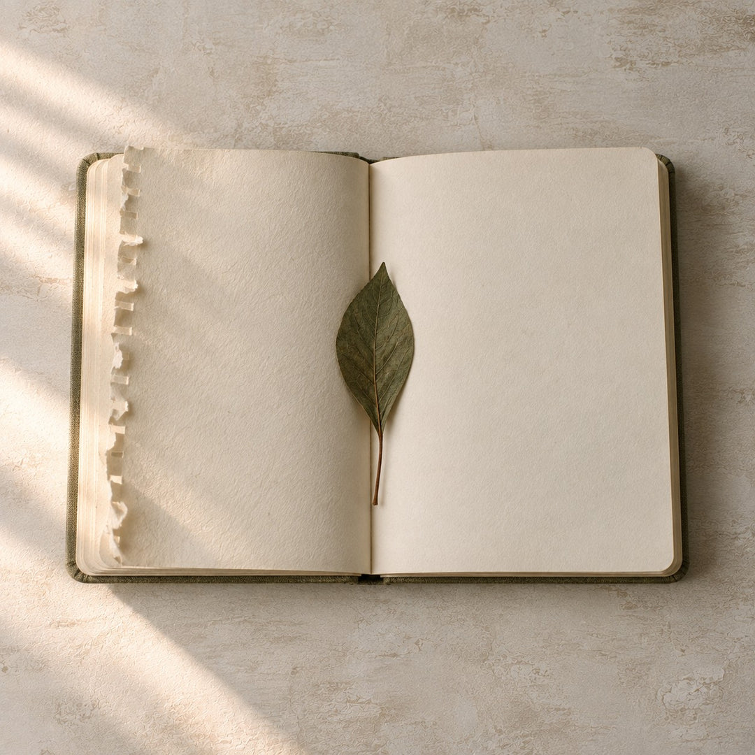 An open notebook with a torn page stub on the left and a blank page on the right, a pressed leaf in the gutter