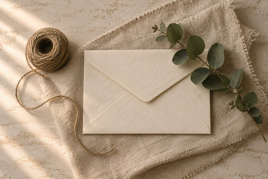A sealed cream envelope on linen with a ball of twine and a sprig of eucalyptus