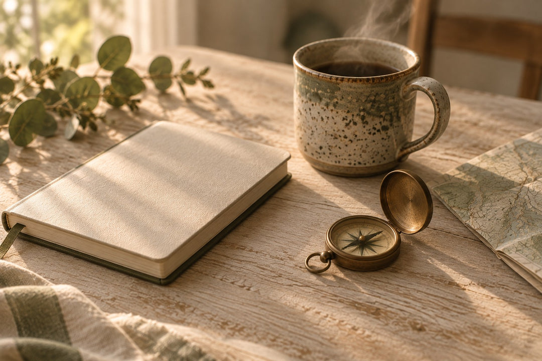 A closed notebook, a steaming stoneware mug, a brass compass and a folded map on a washed oak table in morning light