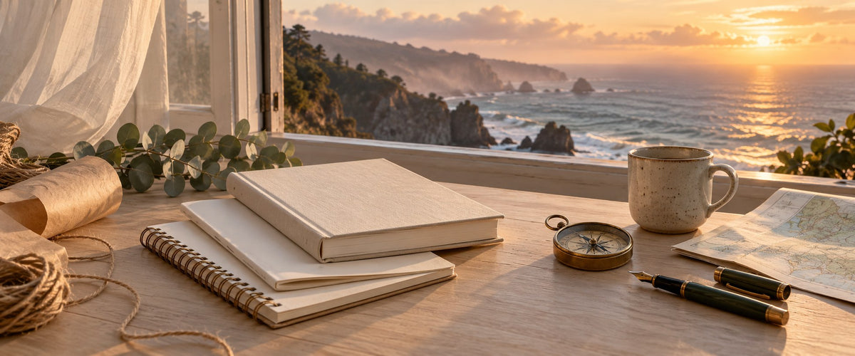 Compass Kit journals and a brass compass on a desk beside an open window overlooking the ocean at sunset