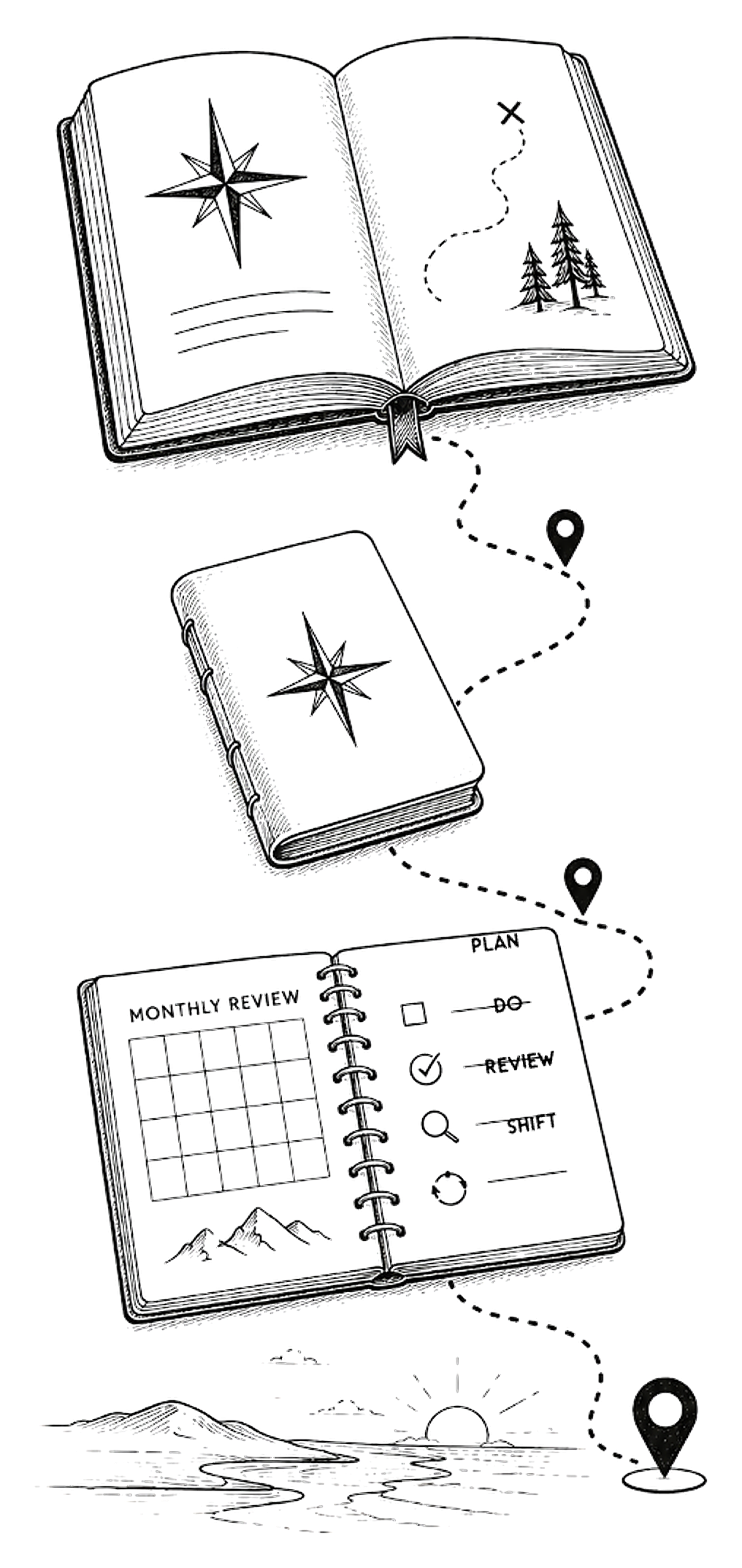 Line drawing of the three Compass Kit tools joined by a dotted route with map pins, ending at a sunrise over water