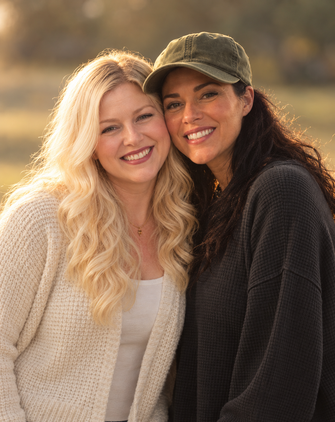 Kerri and Heather as adults, smiling together outdoors at golden hour